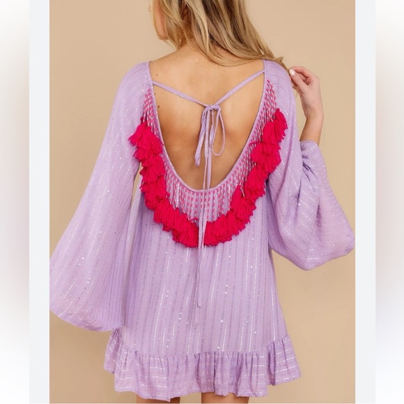Sundress Dresses & Skirts - Sundress womans Indiana Lilac Mini Dress with Fuchsia Tassel Back size XS